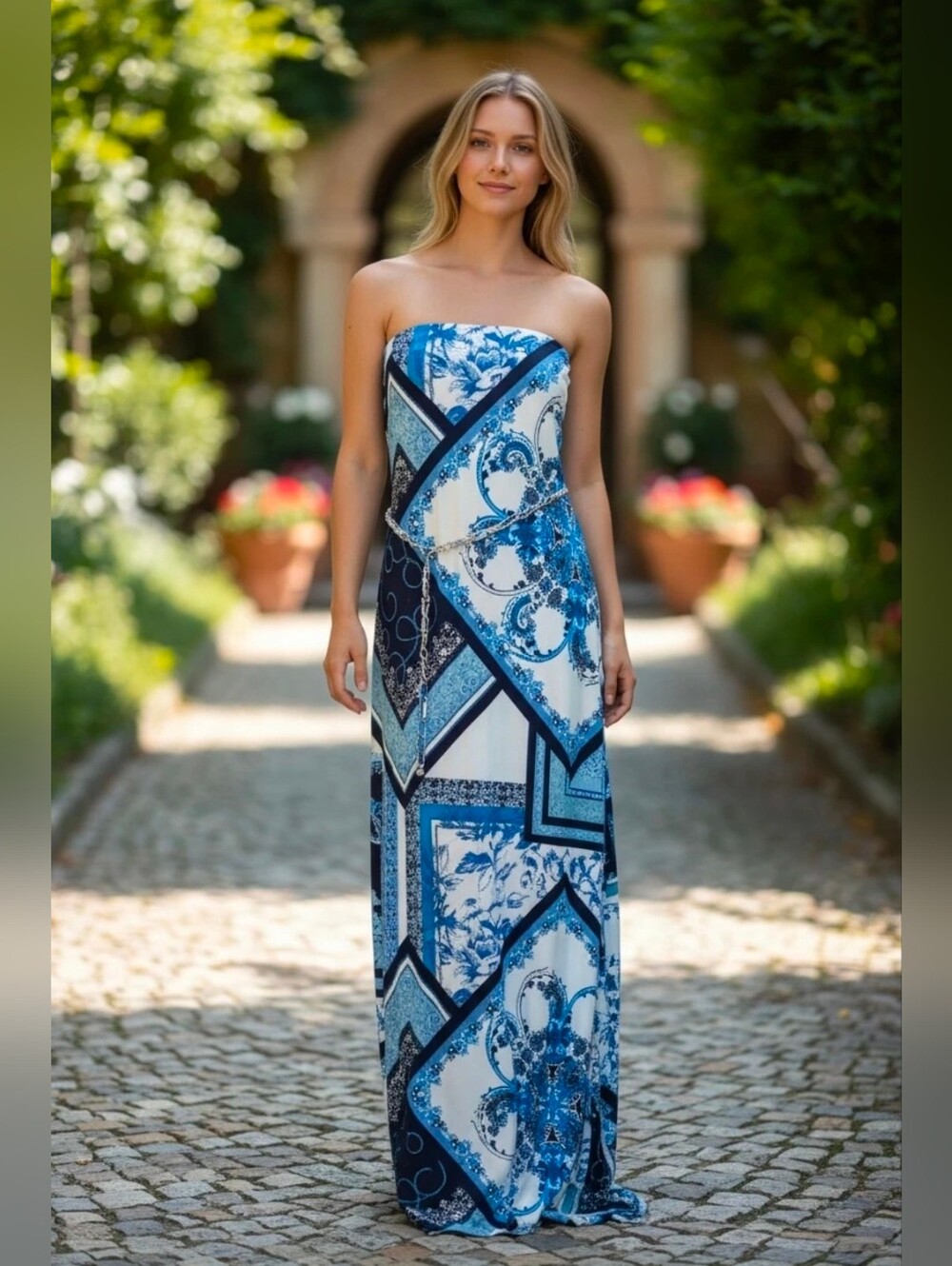 Cache RARE Strapless Blue & White Patchwork Maxi Dress Sz S - Picture 7 of 9